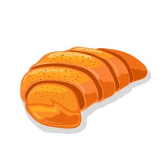 Fresh crescent roll or croissant. Viennoiserie pastry of Austrian or French cuisine. Sweet breakfast, snack. Baking, dessert food. Cartoon vector icon isolated on white for cake shop, bakehouse.