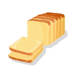 Wheaten white bread cutted to slices, pieces for eaten, toasts, sandwiches, sarnies. Carbohydrate source. Pastry, baked cereal rustic crusty food. Cartoon vector illustration isolated on white.