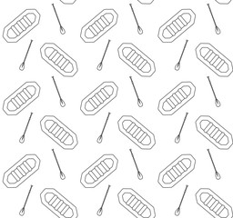 Vector seamless pattern of black outline rafting boat and paddle isolated on white background