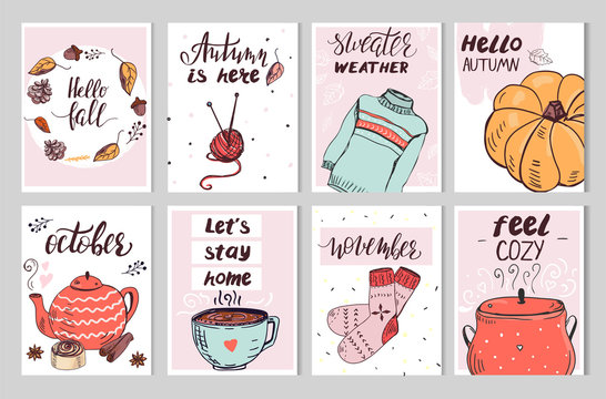 Set of eight cute autumn cards with simple cartoon style elements
