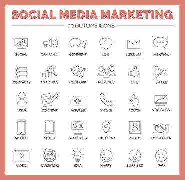 Social Media Marketing Icons - Like, Comment, Message, Mention, Location, Targeting, Share, Audience