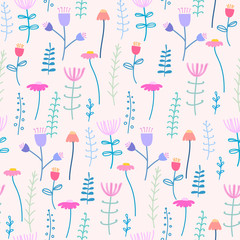 Seamless pattern background with flowers and leaves. Vector illustration for fabric and gift wrap design.