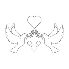 Two pigeons with olive branches and a heart sign. Lovers doves