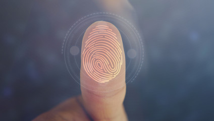 Businessman login with fingerprint scanning technology. fingerprint to identify personal, security...