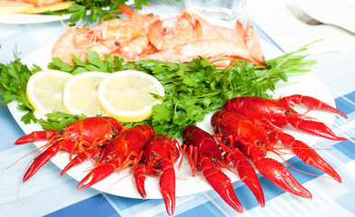 cooked shrimp and crayfish on plate close up