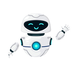Cute white modern levitating robot waving hand and with happy face flat vector illustration isolated on white background