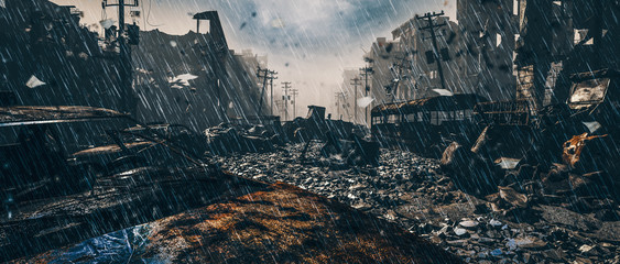 Apocalypse survivor concept, Ruins of a city. Apocalyptic landscape 3d render , 3d illustration concept