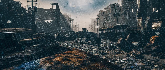 Foto auf Acrylglas Apocalypse survivor concept, Ruins of a city. Apocalyptic landscape 3d render , 3d illustration concept © santoelia