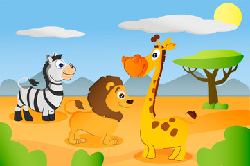 set of animals zebra, lion, giraffe on a background of Africa