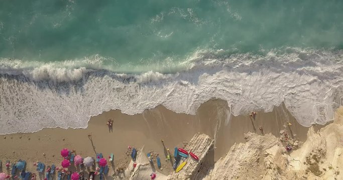 Beautiful seascape. Beach on coast of Ionian Sea in Albania, Ksamil, near Greece island Korfu. Birdseye view of Mirror Beach (Pasqyra) in Saranda, Albania (Albanian Riviera) View from drone