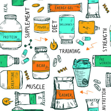 Seamless pattern with hand drawn sport nutrition items