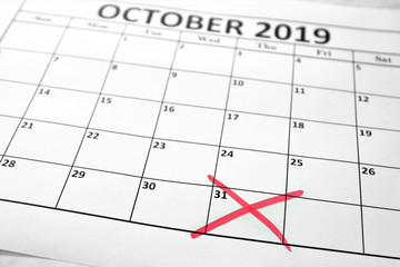 Brexit deadline concept with October sheet of monthly calendar and the date on which England will...