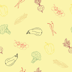 Seamless texture, pattern. Vegetables on a yellow background. Vector.