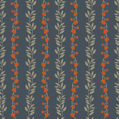 Seamless background pattern with simple vertical vines and tree branches colored on autumn color.
