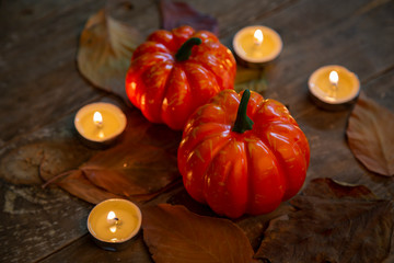 Happy Thanksgiving concept background. Beautiful Autumn composition, pumpkin, candle light