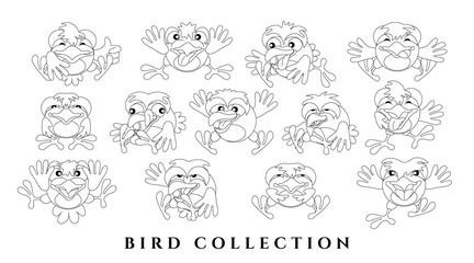 Set cartoon charming birds. Sketch of funny chicks with emotions. Black outline a white background. Isolated, flat style. Template for coloring. Vector illustration.