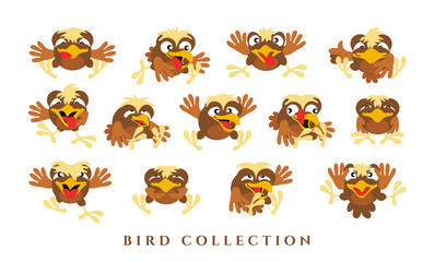 Set cartoon funny birds. Collection of yellow-brown chicks with emotions on a white background. Isolated, in a flat style. Vector illustration