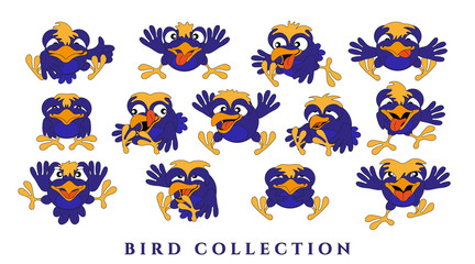Set cartoon funny birds. Collection of blue chicks with emotions on a white background. Isolated, in a flat style. Vector illustration