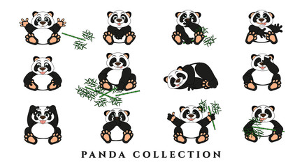 Set cartoon funny pandas. Collection of gray animals with emotions on a white background. Isolated, in a flat style. Vector illustration.