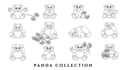 Set cartoon charming pandas. Sketch of funny animals with emotions. Black outline white background. Isolated, flat style. Pattern for coloring. Vector illustration