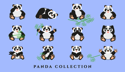 Set cartoon funny pandas. Collection of gray animals with emotions on a blue background. Isolated, in a flat style. Vector illustration.