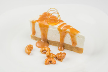 Cheesecake with caramel and nuts.