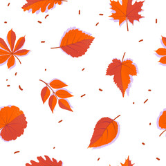 Seamless forest pattern with red autumn leaves. Flat fall white background. Vector isolated wallpaper.