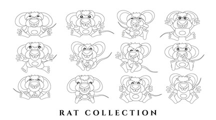 Set cartoon charming rats. Sketch of funny animals with emotions. Black outline white background. Isolated, flat style. Pattern for coloring. Vector illustration