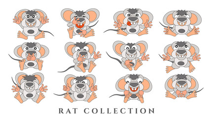 Set cartoon funny rats. Collection of gray animals with emotions on a white background. Isolated, in a flat style. Vector illustration.
