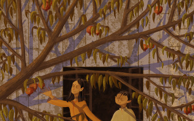 A beautiful illustration of indian children siblings picking a pomegranate from a tree in the house garden in india