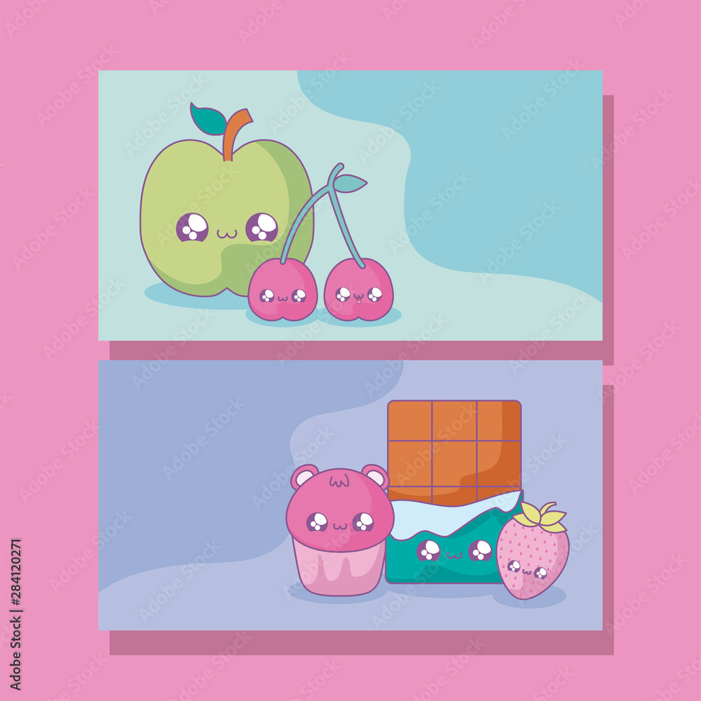 Poster set of fruits and foods kawaii style - Posters