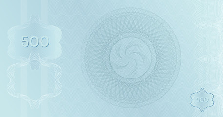 Silver Banknote 500 template with guilloche pattern watermarks and border. Light blue platinum background banknote, gift voucher, coupon, money design, currency, check, cheque. Vector Certificate