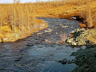 River landscape Early spring. bare trees, melting snow.