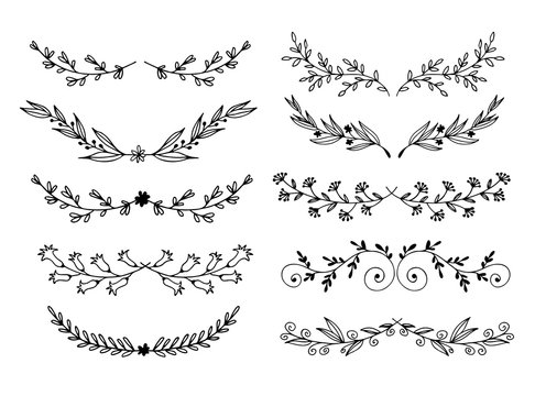 Hand drawn flowers and leaves vector set, floral doodle elements isolated on white background