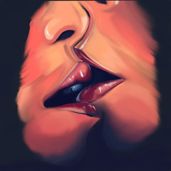 Kissing lips close up. Digital painting.