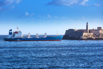 cargo ship and old fortress