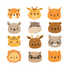 Vector clip-art with cute animals faces. Raccoon, badger, squirrel, fox, hippo, giraffe, koala, lion, tiger, cat, deer, bear, red panda, squirrel