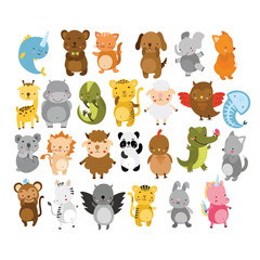 Vector cute animals, zoo for little children. Charming characters