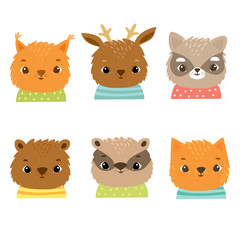 Cute forest animals in costumes, Squirrel, fox, cat, deer, bear, badger, raccoon, Happy faces of kids