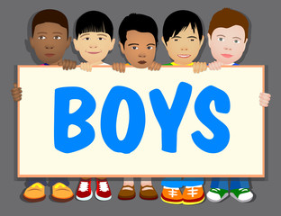 Boys are holding a horizontal banner. Template, flyer, place for text, copy space. Cartoon isolated on monochrome background.