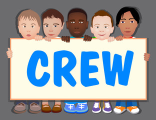 Boys are holding a horizontal banner. Template, flyer, place for text, copy space. Cartoon isolated on monochrome background.