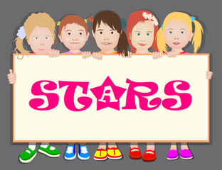 Girls are holding a horizontal banner. Template, flyer, place for text, copy space. Cartoon isolated on monochrome background.