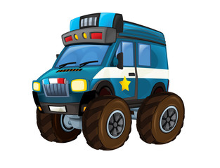 cartoon happy and funny off road police car looking like monster truck vehicle illustration for children