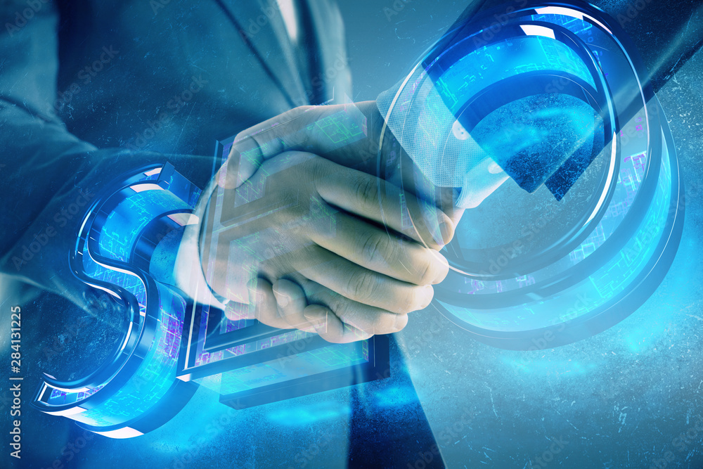 Aufkleber multi exposure of seo icon drawing on abstract background with two men handshake. concept of informa