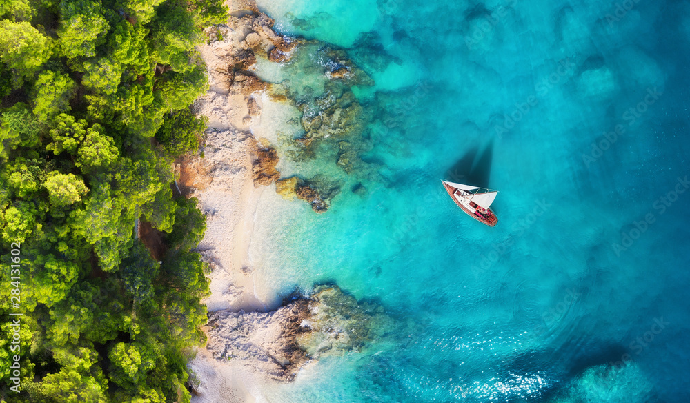 Wall mural croatia. panoramic coast and yacht as a background from top view. turquoise water background from to