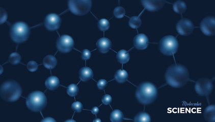 3d blue water molecules vector design. Science abstract background with molecular structure. Atoms model illustration, scientific banner for medicine, biology, chemistry or physics template
