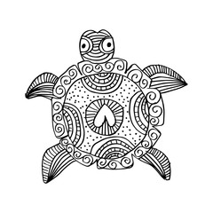 Hand drawing monochrome doodle turtle decorated