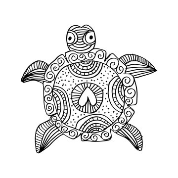 Hand drawing monochrome doodle turtle decorated