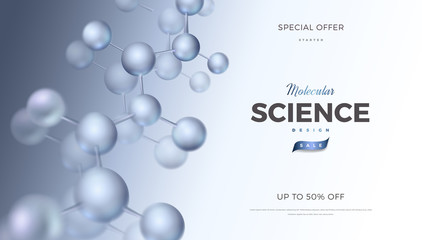 Science abstract vector background design with complex molecular structure. Soft blue color 3d molecules luxury illustration, scientific banner for medicine, biology, cosmetics template