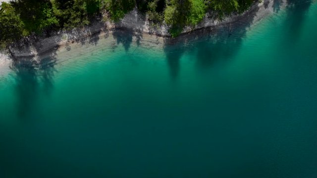 AERIAL Beautiful Alpine Dolomites lake Braies, Alto Adige, Italy August 2019